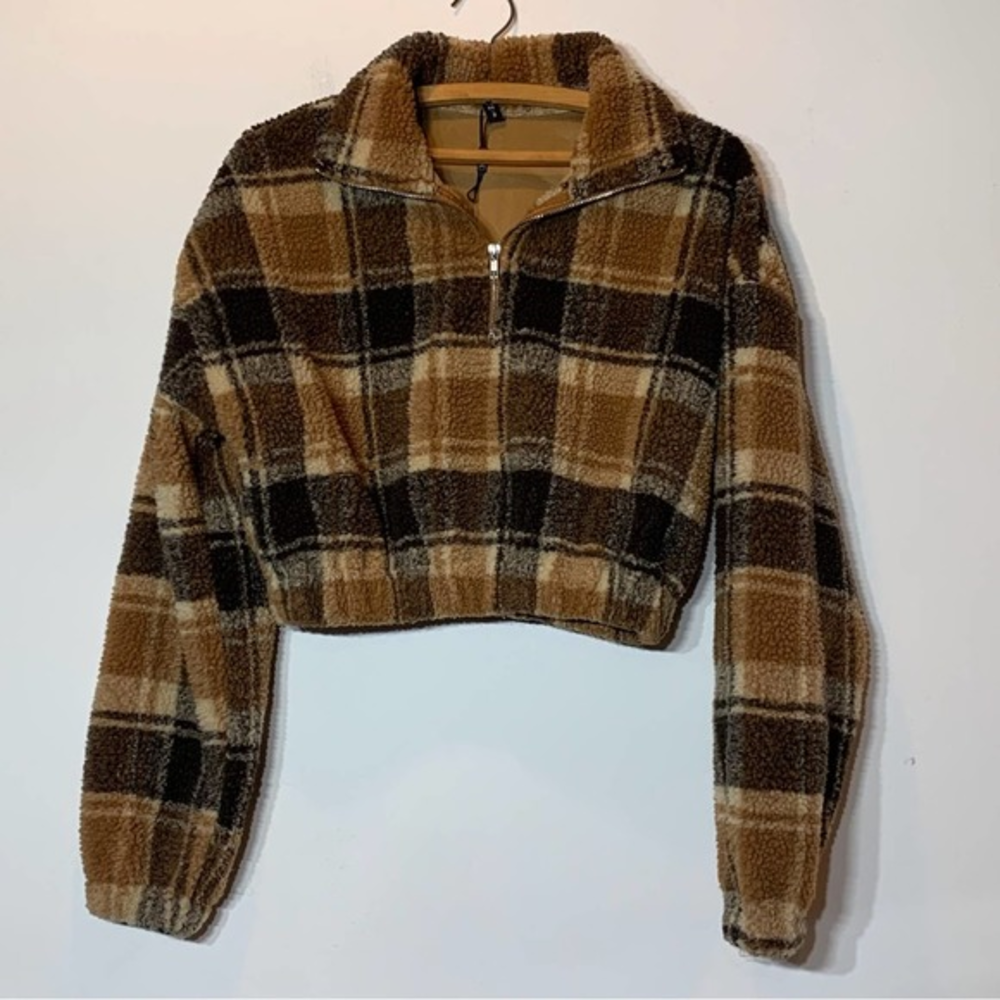 NWT Zaful Plaid Cropped Teddy Bear Fleece Zip Up Jacket‎